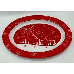 MELAMINE Christmas/Winter Red Oval Serving Tray/Platter-Snowflakes Trees 10x14"